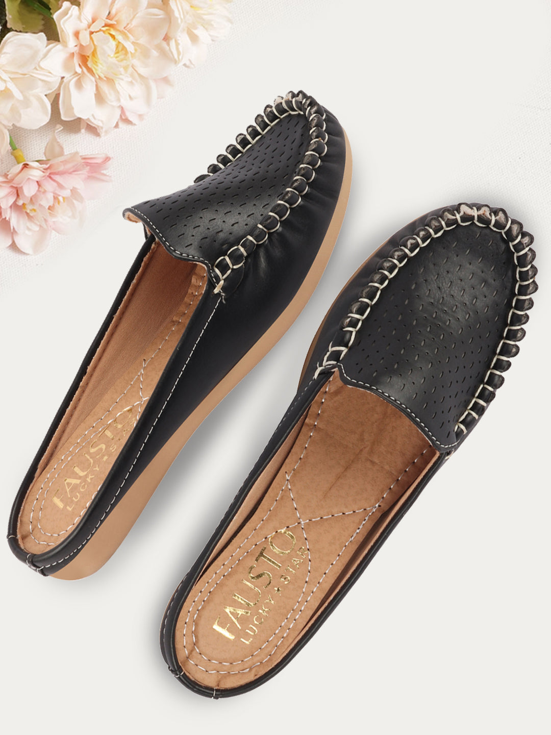 Women Black Laser Cut Slip On Mules Shoes with Side Stitch Detail and Back Opening.