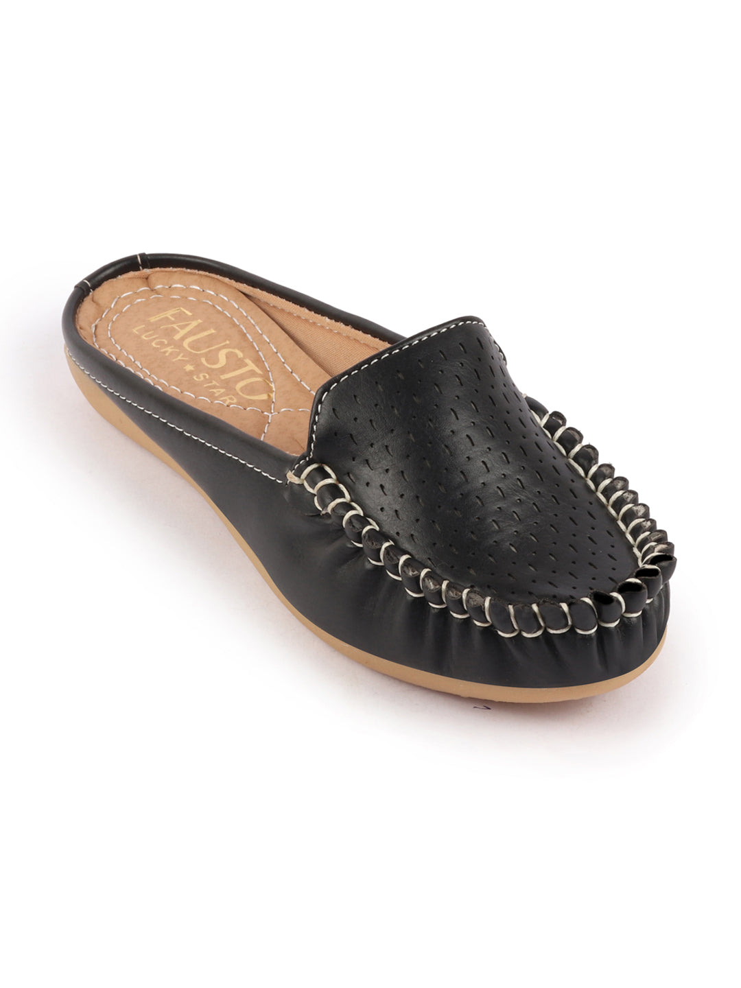 Women Black Laser Cut Slip On Mules Shoes with Side Stitch Detail and Back Opening.