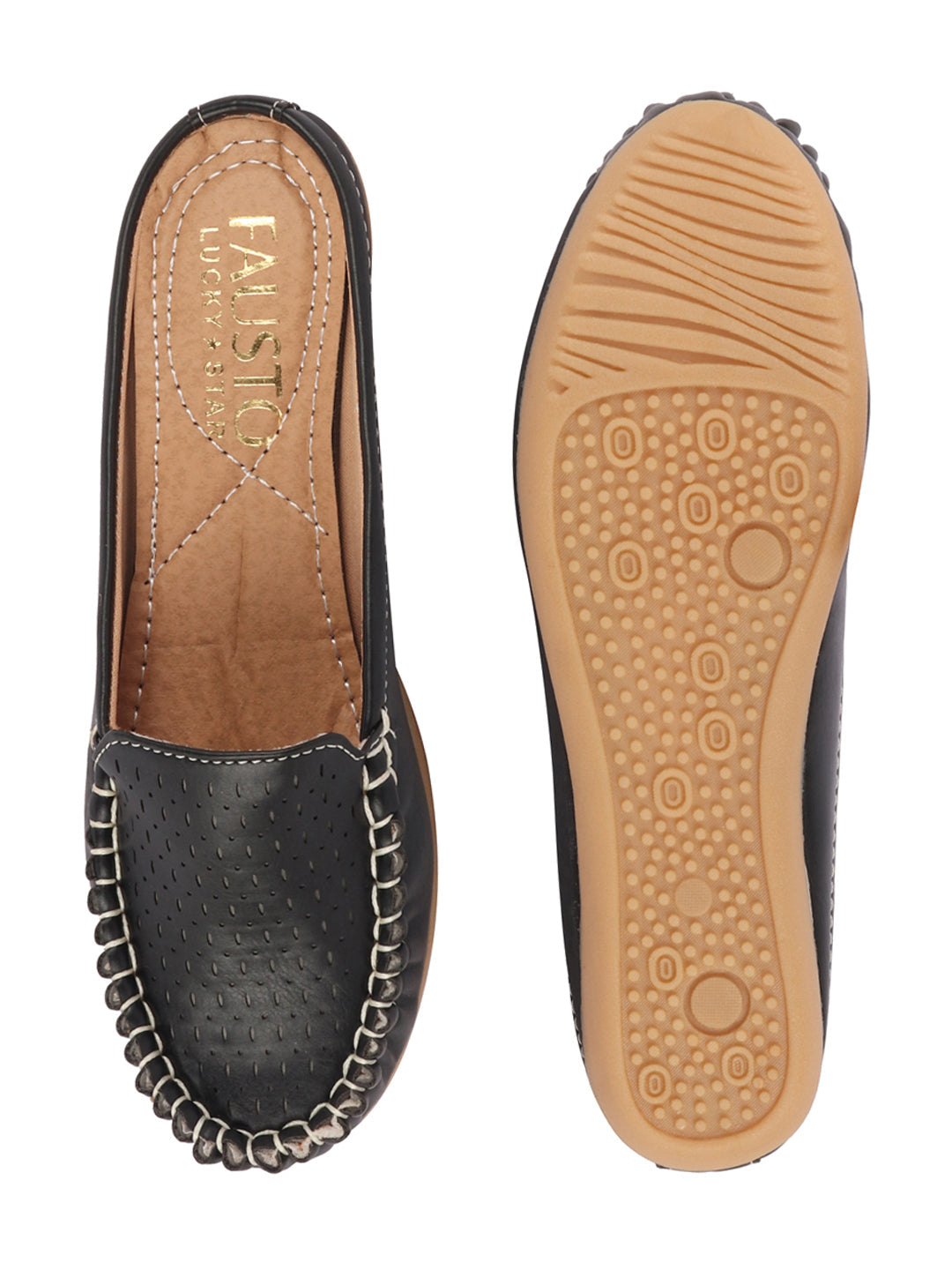 Women Black Laser Cut Slip On Mules Shoes with Side Stitch Detail and Back Opening.