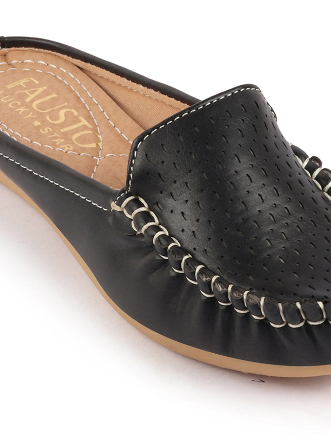 Women Black Laser Cut Slip On Mules Shoes with Side Stitch Detail and Back Opening.