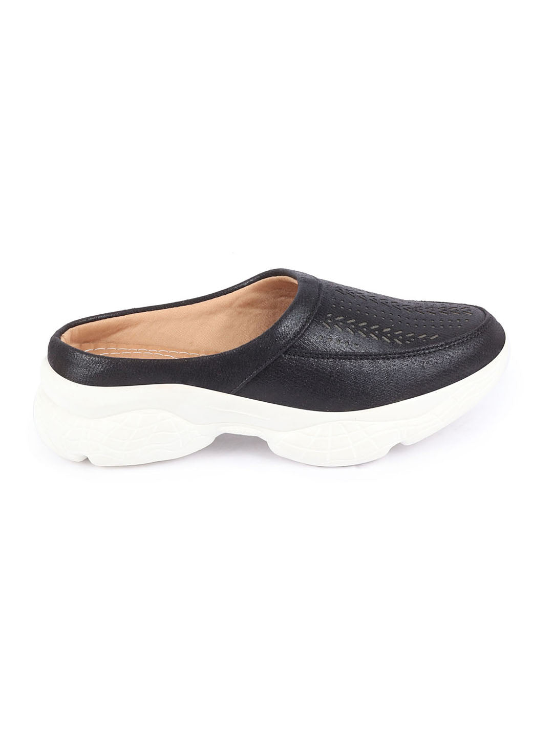 Women Black Laser Cut Stitched Back Slip On Mules Shoes