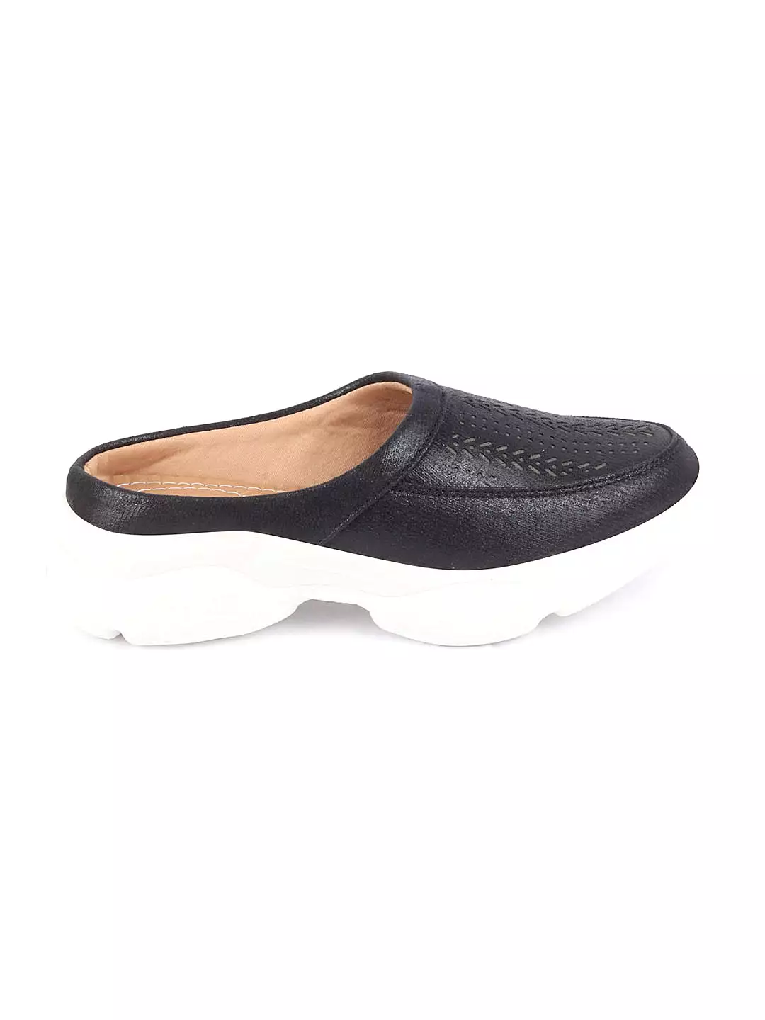 Women Black Laser Cut Stitched Back Slip On Mules Shoes