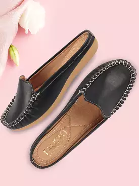 Women Black Slip On Mules Shoes with Side Stitching and Open Back