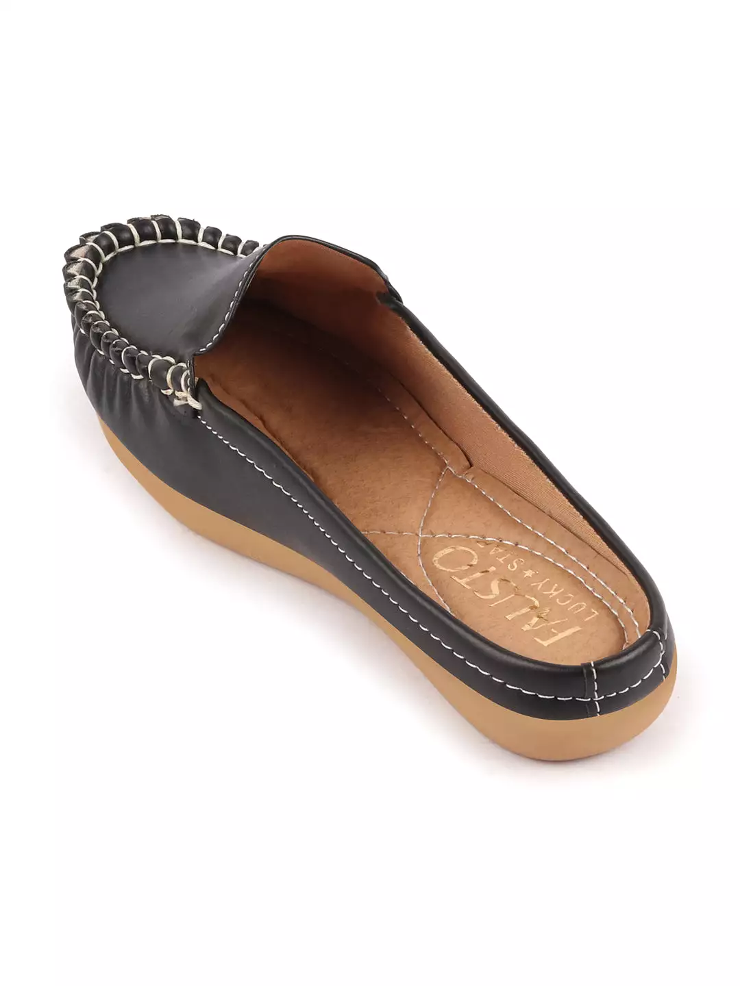 Women Black Slip On Mules Shoes with Side Stitching and Open Back