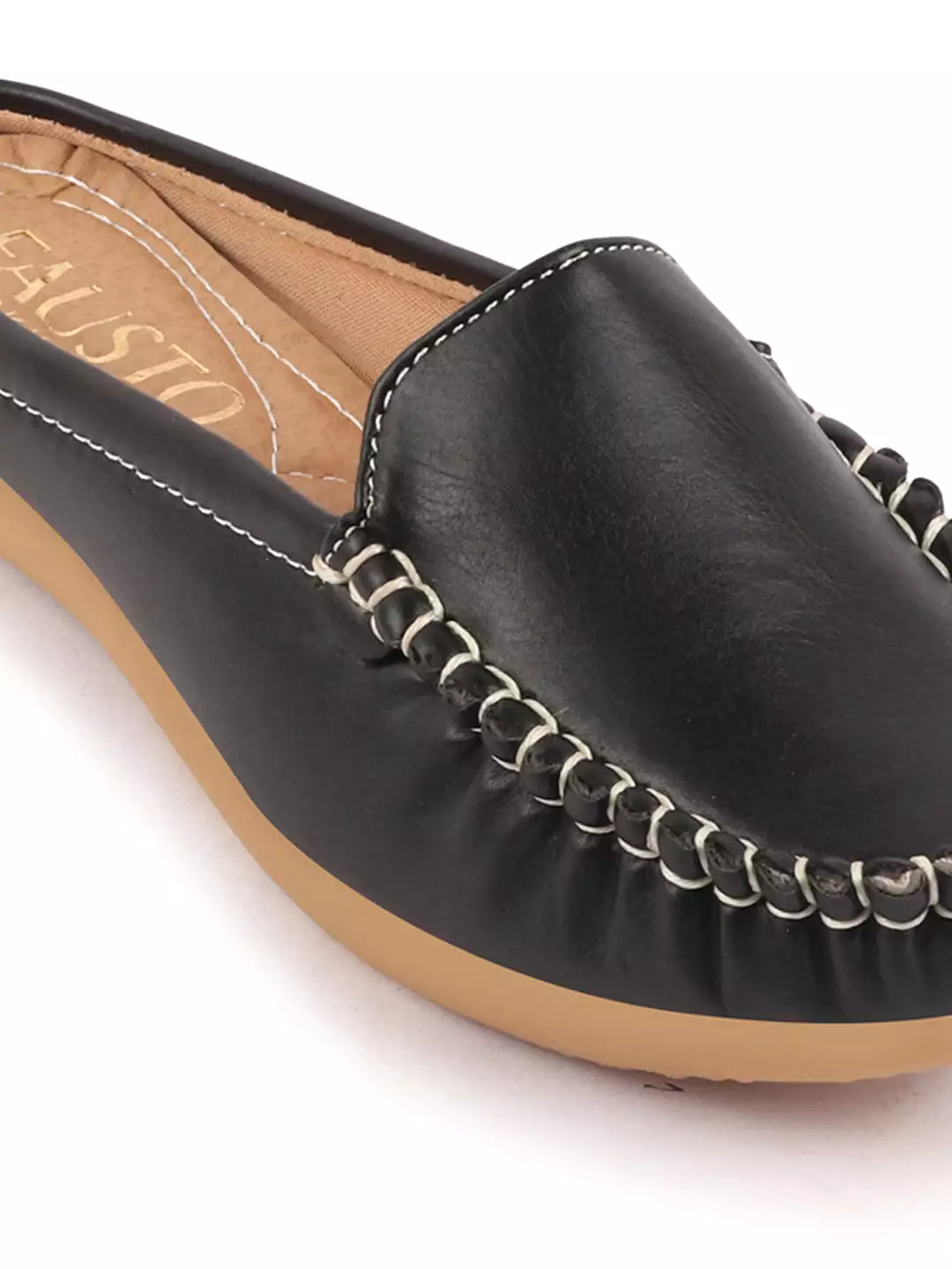 Women Black Slip On Mules Shoes with Side Stitching and Open Back