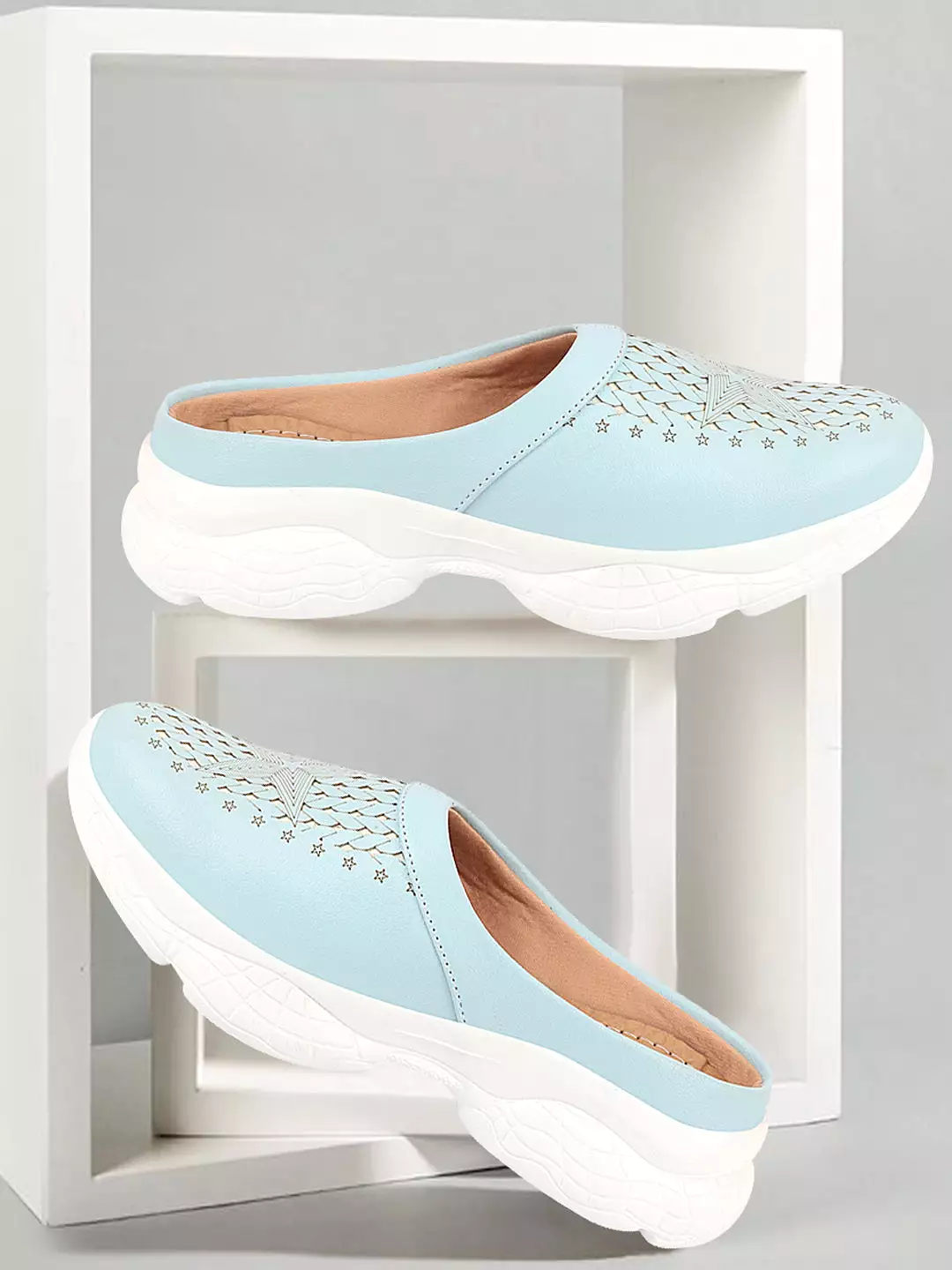 Women Blue Laser Cut Slip-On Mules Shoes