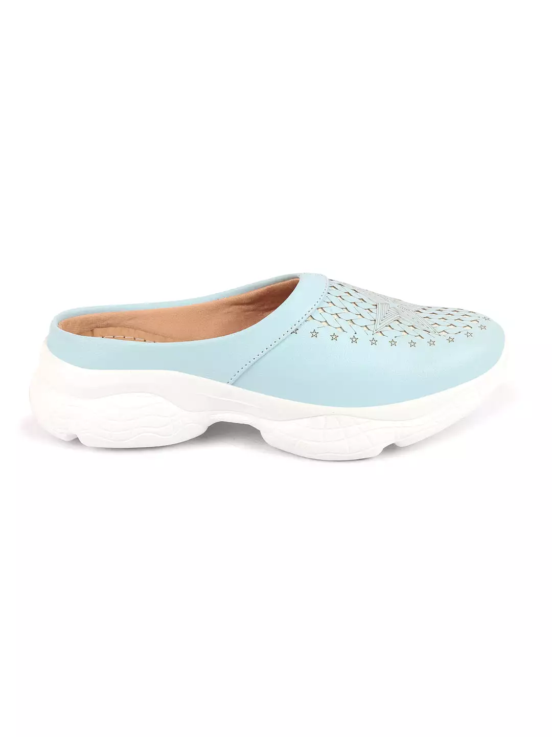 Women Blue Laser Cut Slip-On Mules Shoes