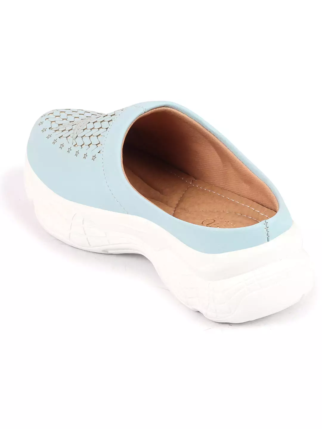 Women Blue Laser Cut Slip-On Mules Shoes