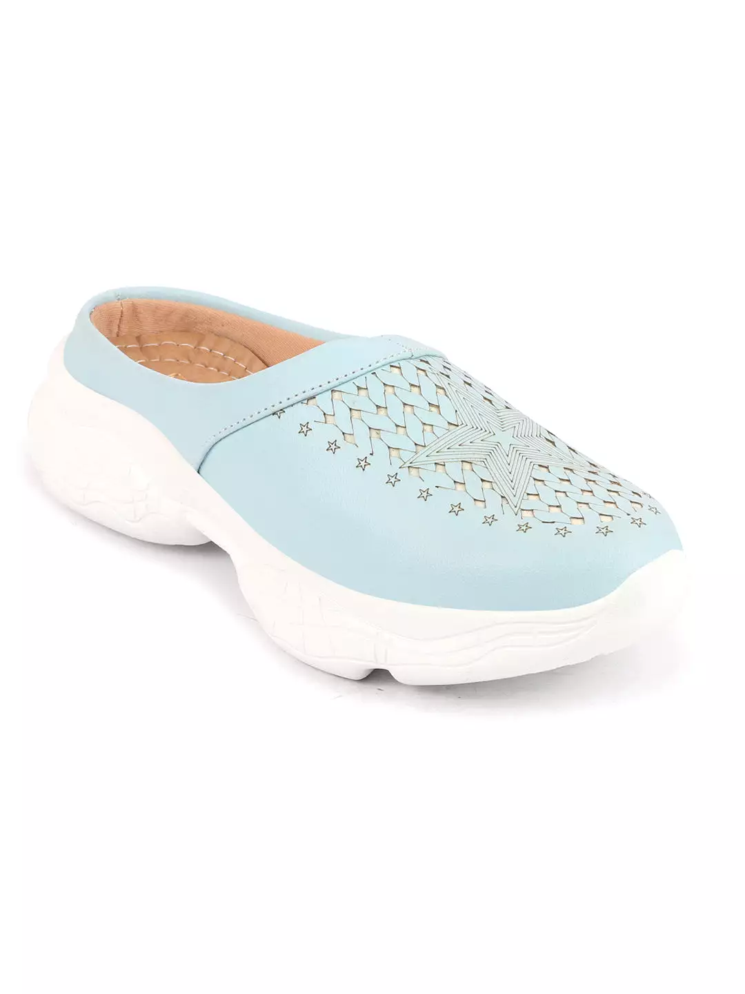 Women Blue Laser Cut Slip-On Mules Shoes