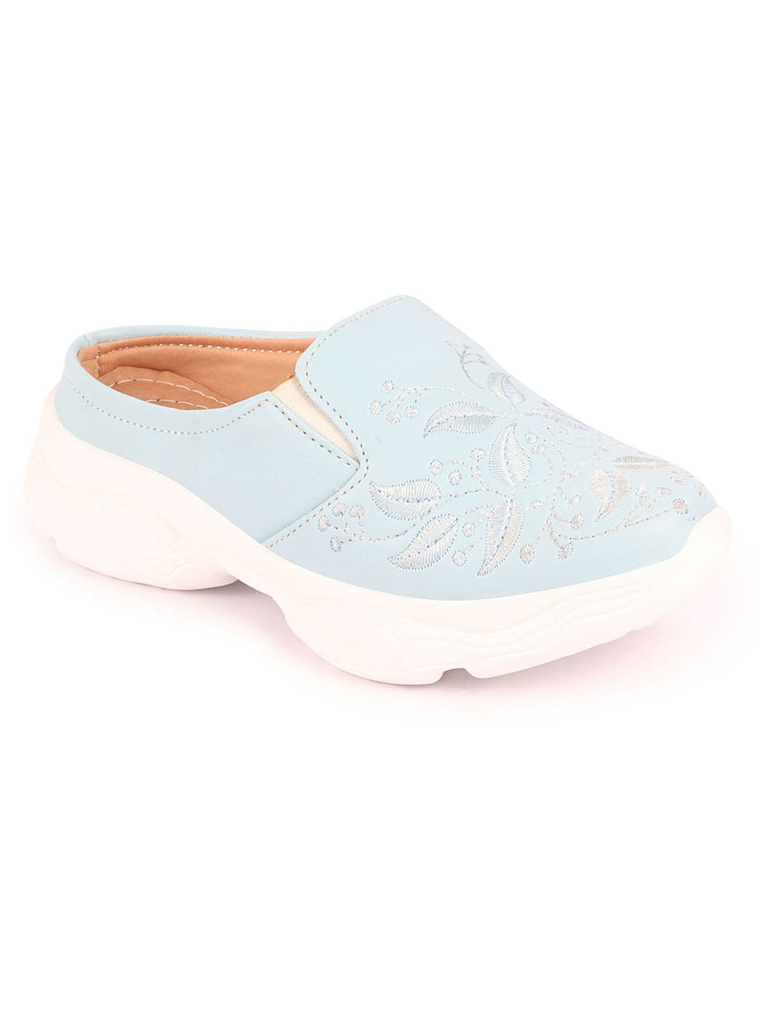 Women Blue Leaf Print Slip On Mules with Embroidery Design