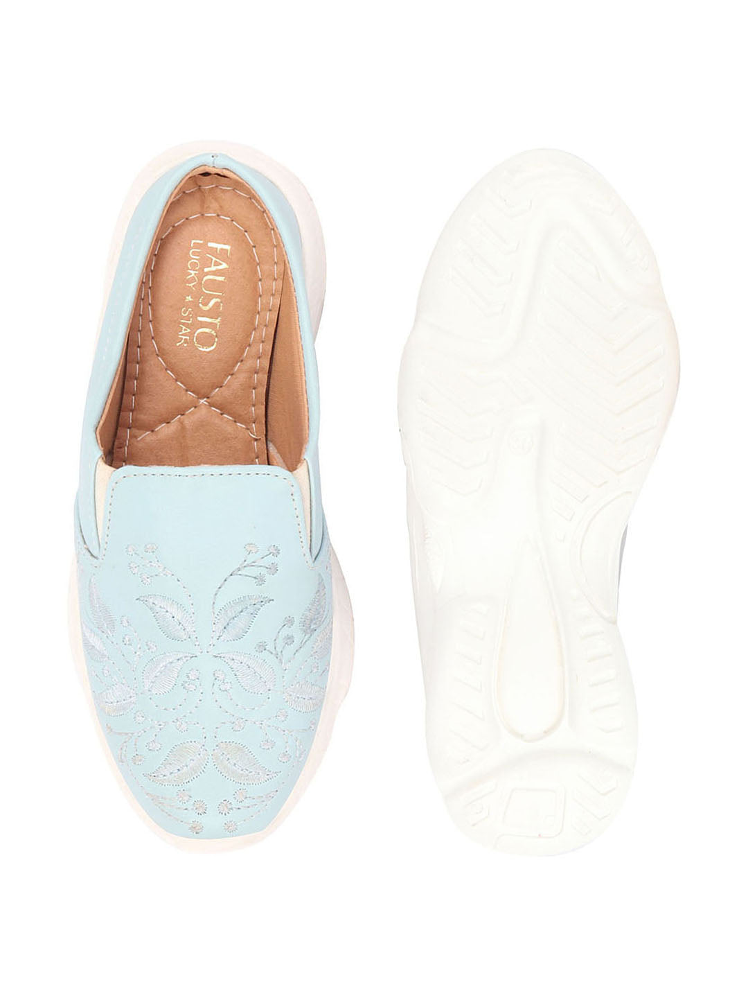 Women Blue Leaf Print Slip On Mules with Embroidery Design