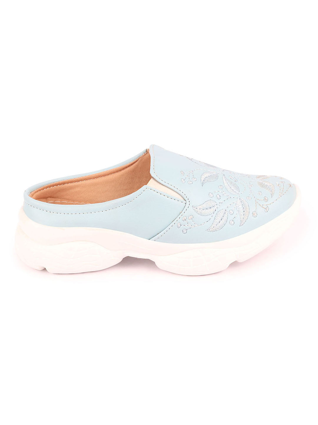 Women Blue Leaf Print Slip On Mules with Embroidery Design