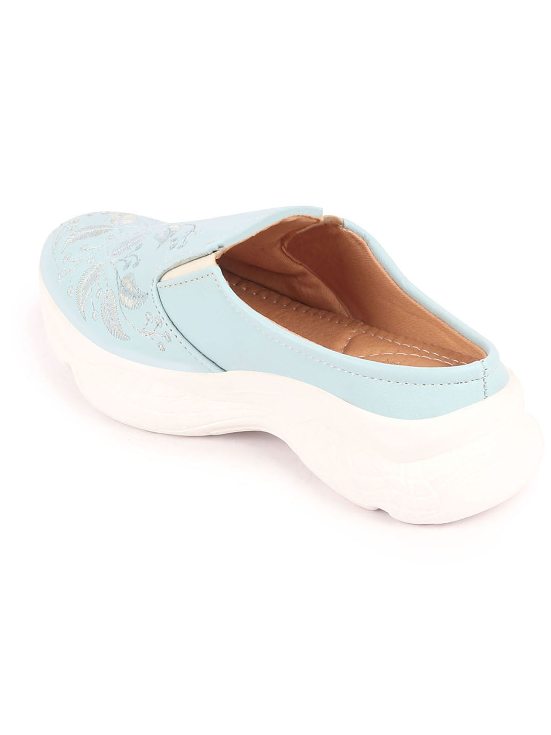 Women Blue Leaf Print Slip On Mules with Embroidery Design