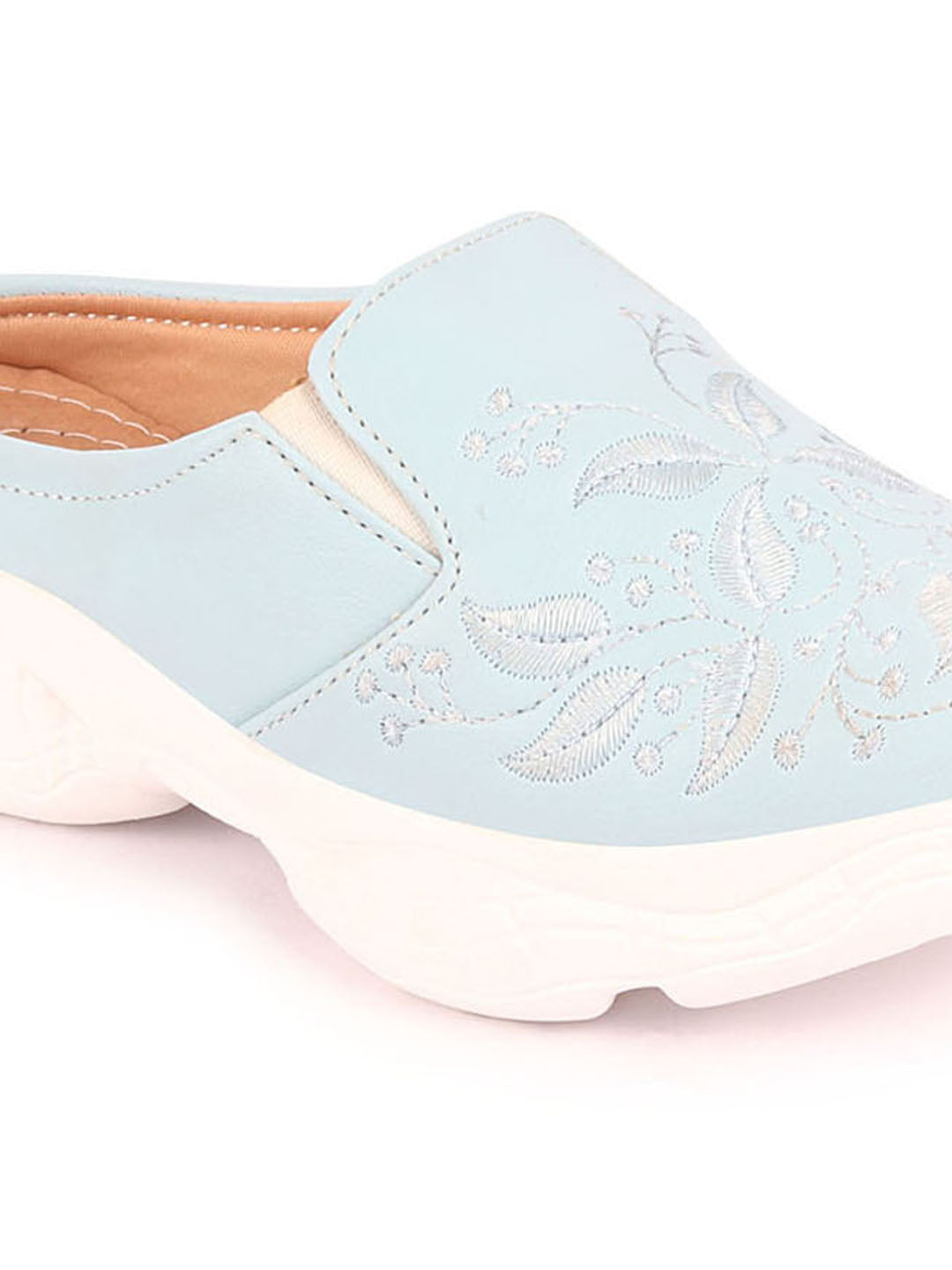 Women Blue Leaf Print Slip On Mules with Embroidery Design