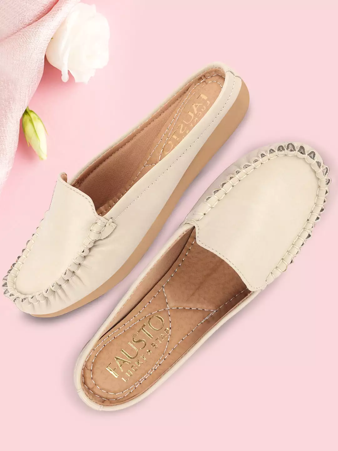 Women Cream Back Open Slip On Mules Shoes