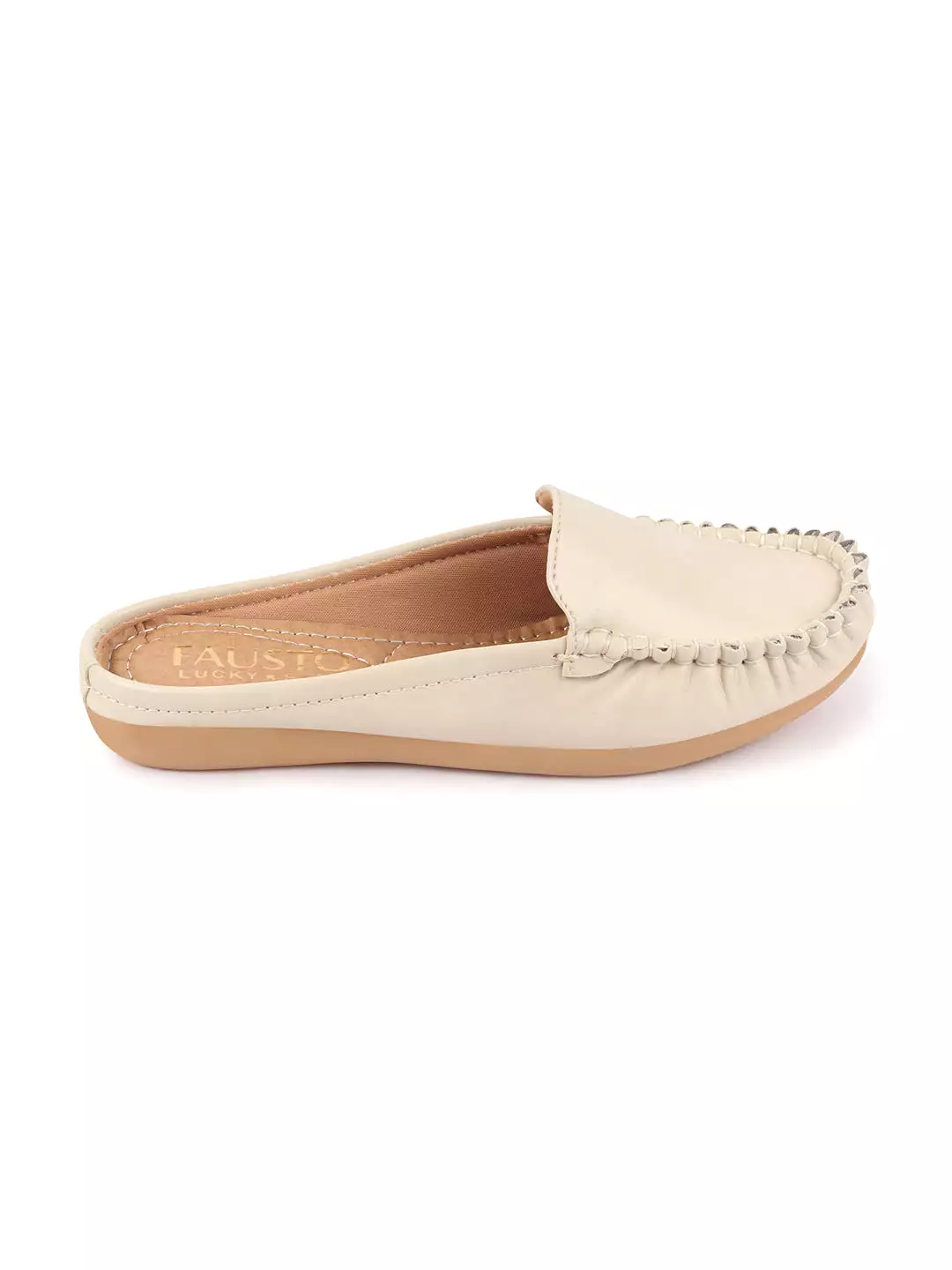 Women Cream Back Open Slip On Mules Shoes