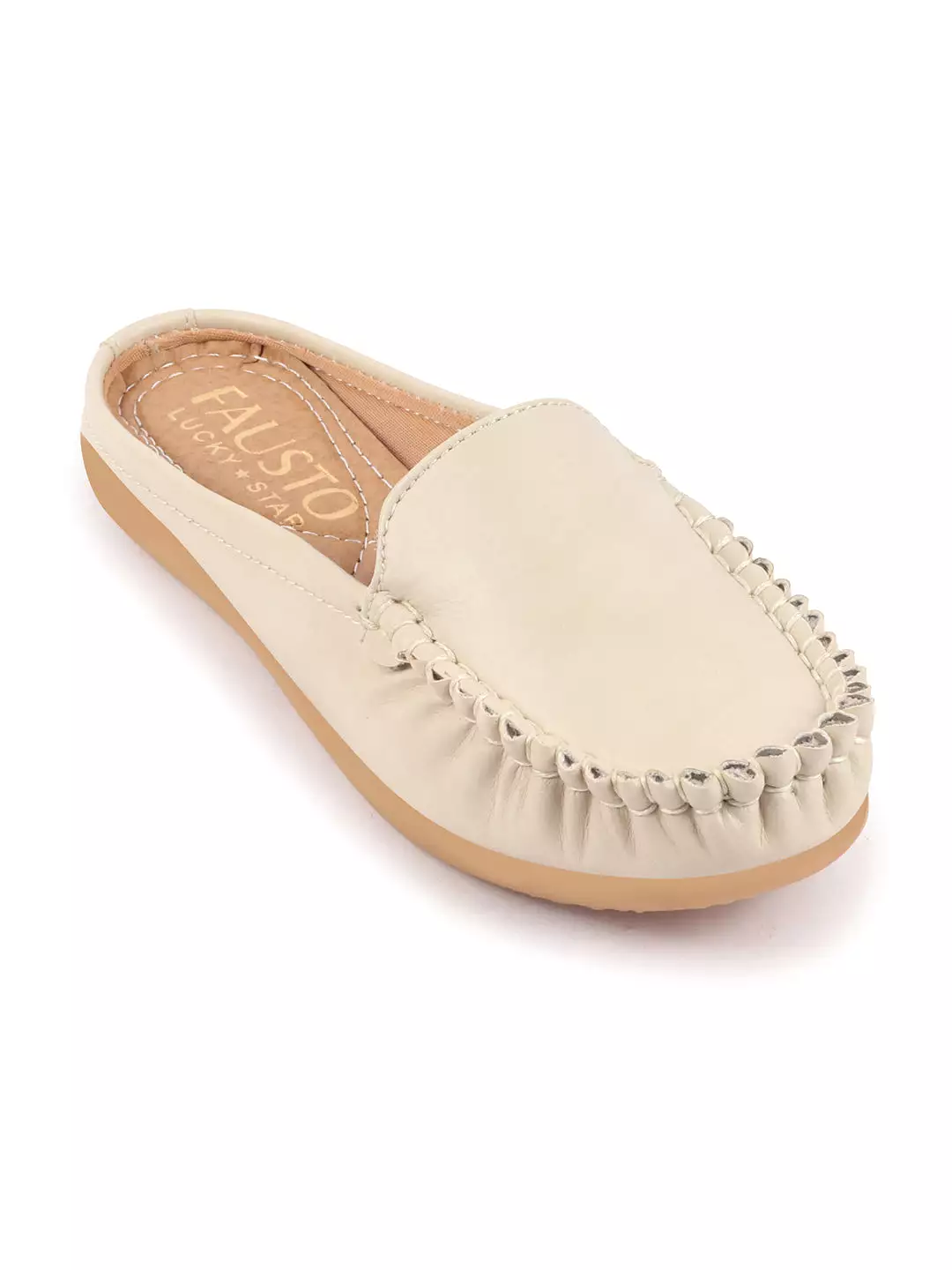 Women Cream Back Open Slip On Mules Shoes