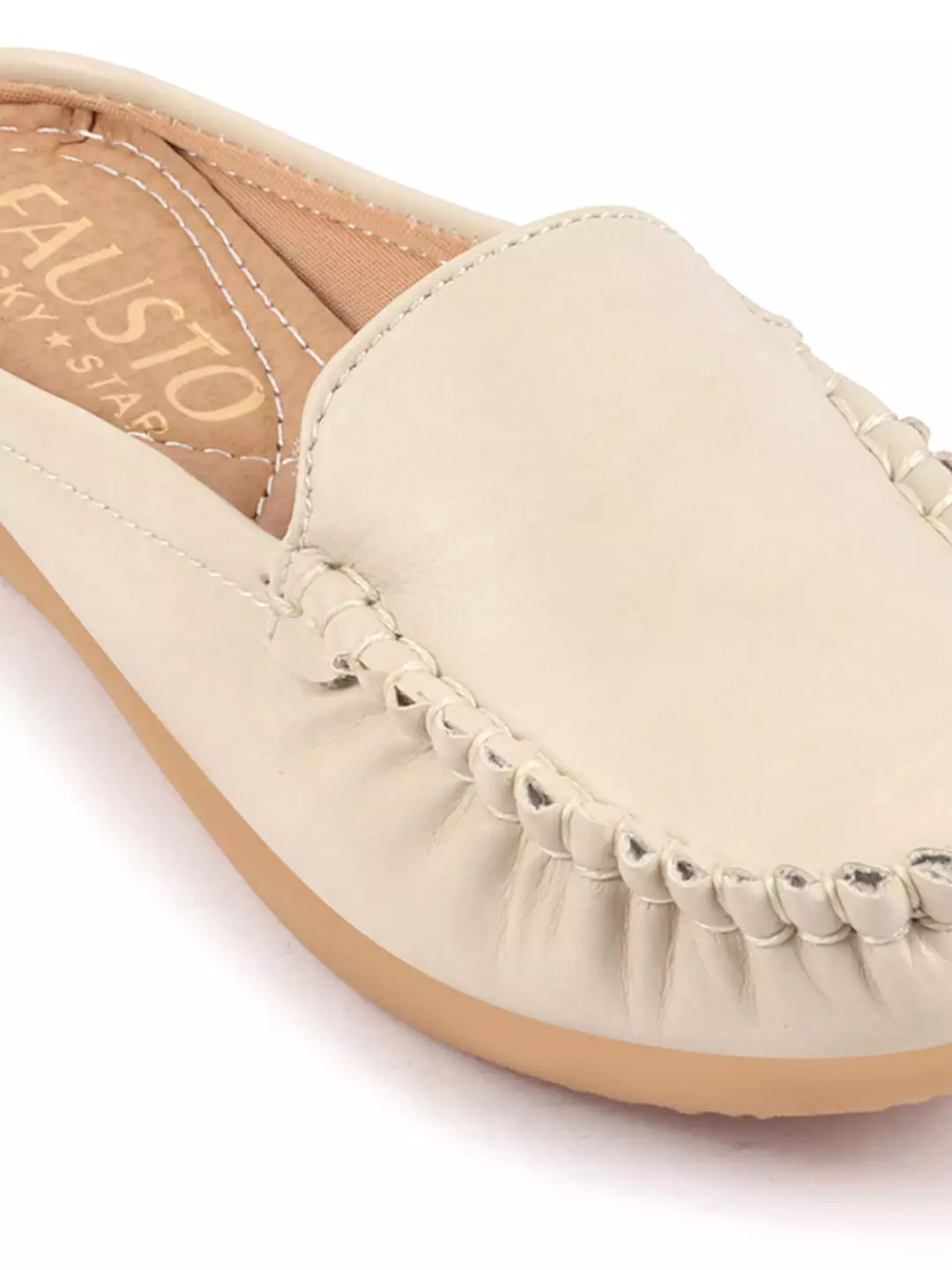 Women Cream Back Open Slip On Mules Shoes