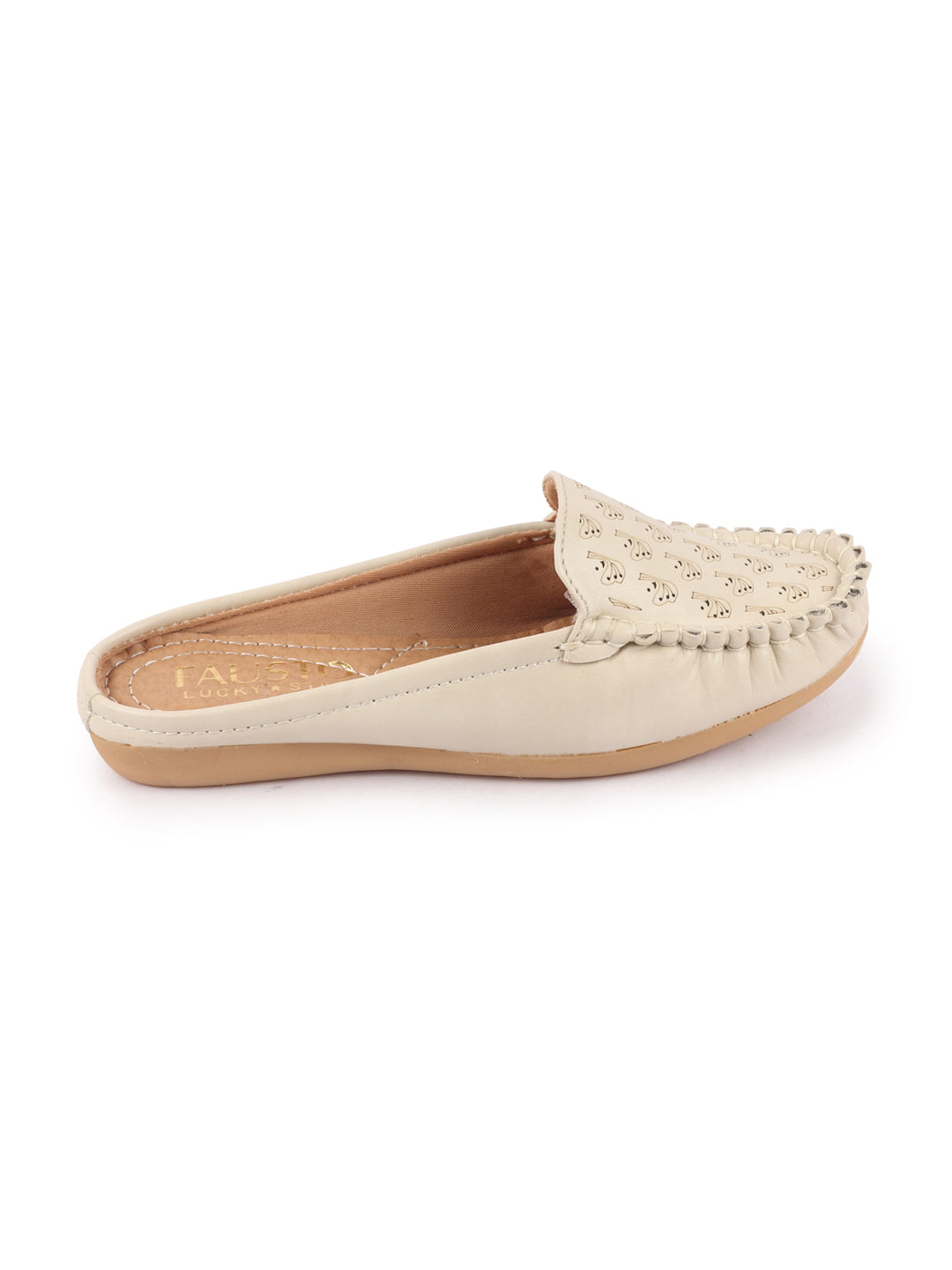 Women Cream Slip On Mules Shoes with Side Stitched Print and Open Back