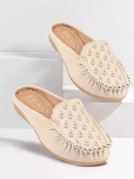 Women Cream Slip On Mules Shoes with Side Stitched Print and Open Back