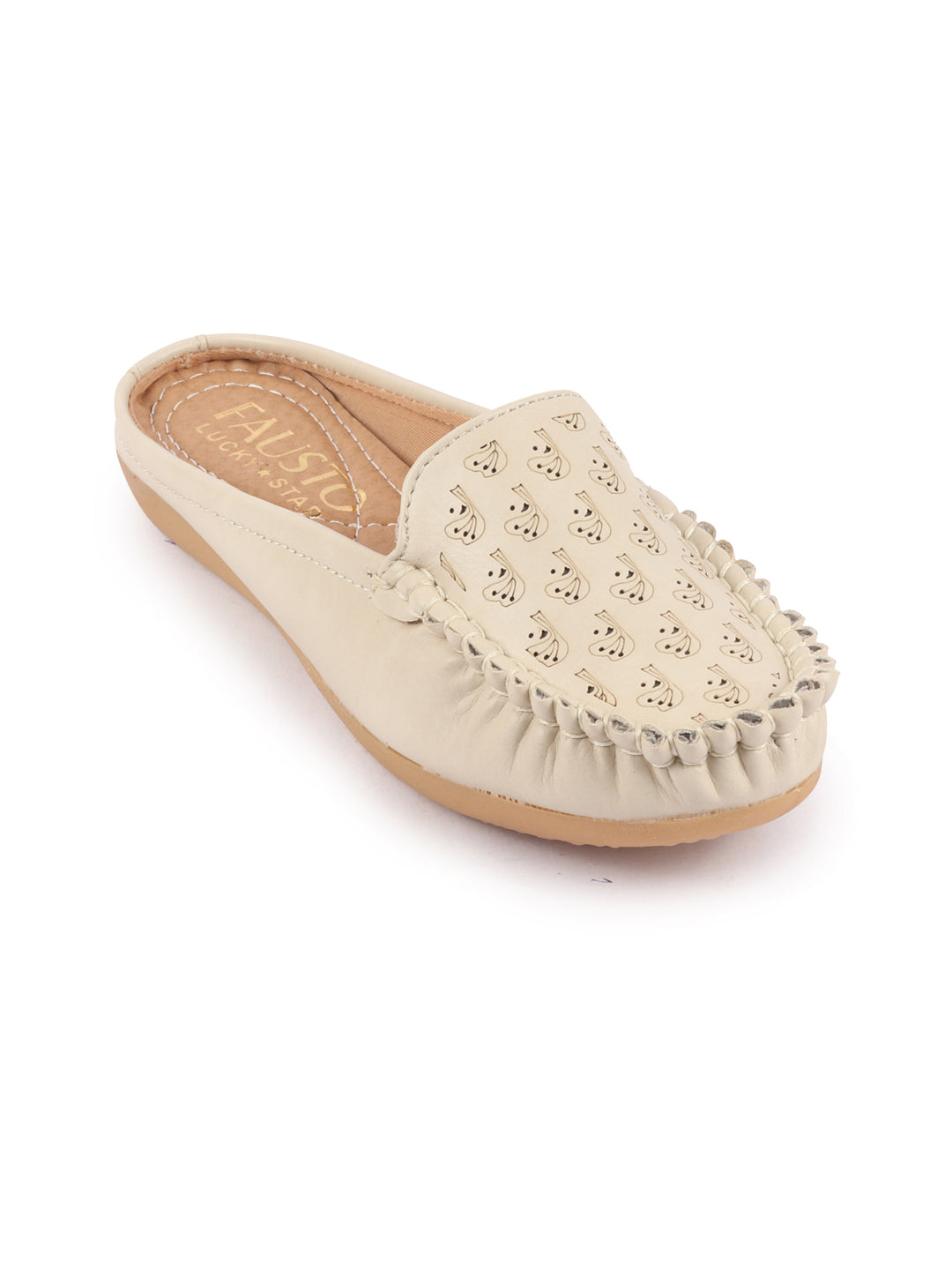 Women Cream Slip On Mules Shoes with Side Stitched Print and Open Back