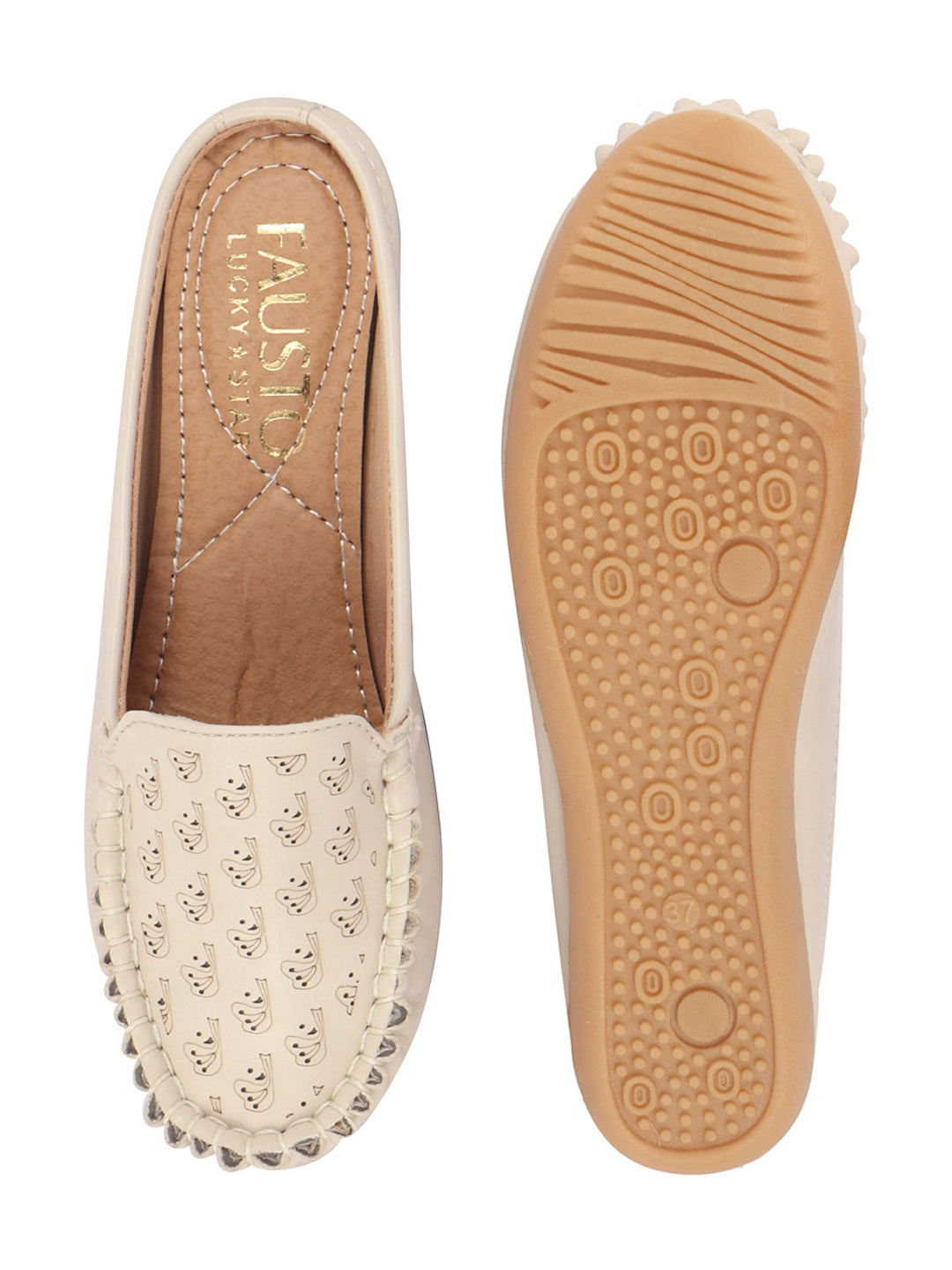 Women Cream Slip On Mules Shoes with Side Stitched Print and Open Back