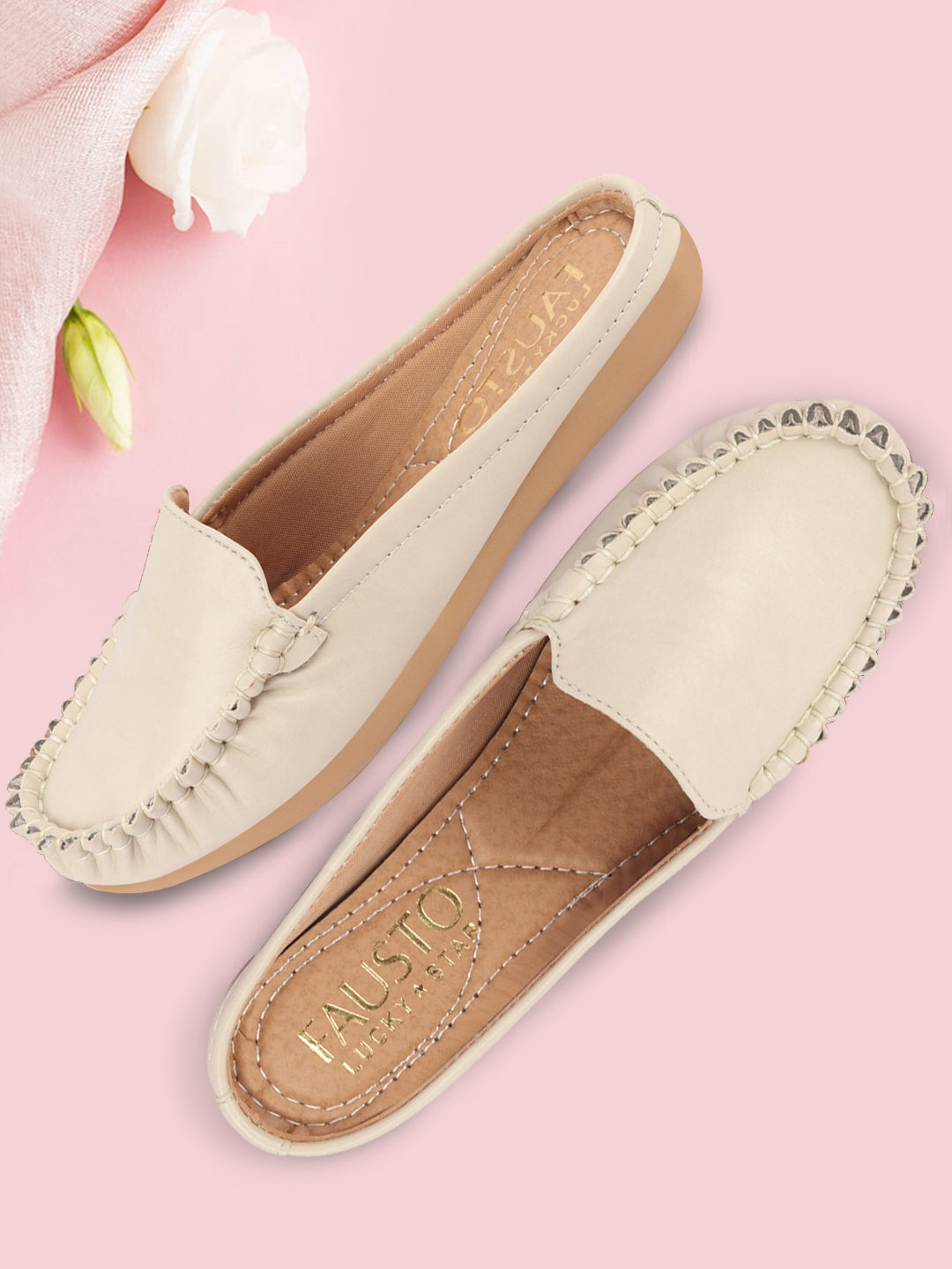 Women Cream Slip On Mules Shoes