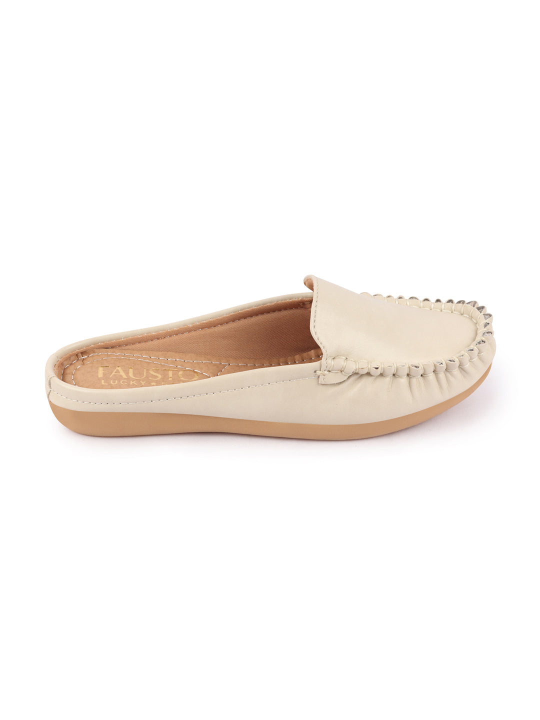 Women Cream Slip On Mules Shoes