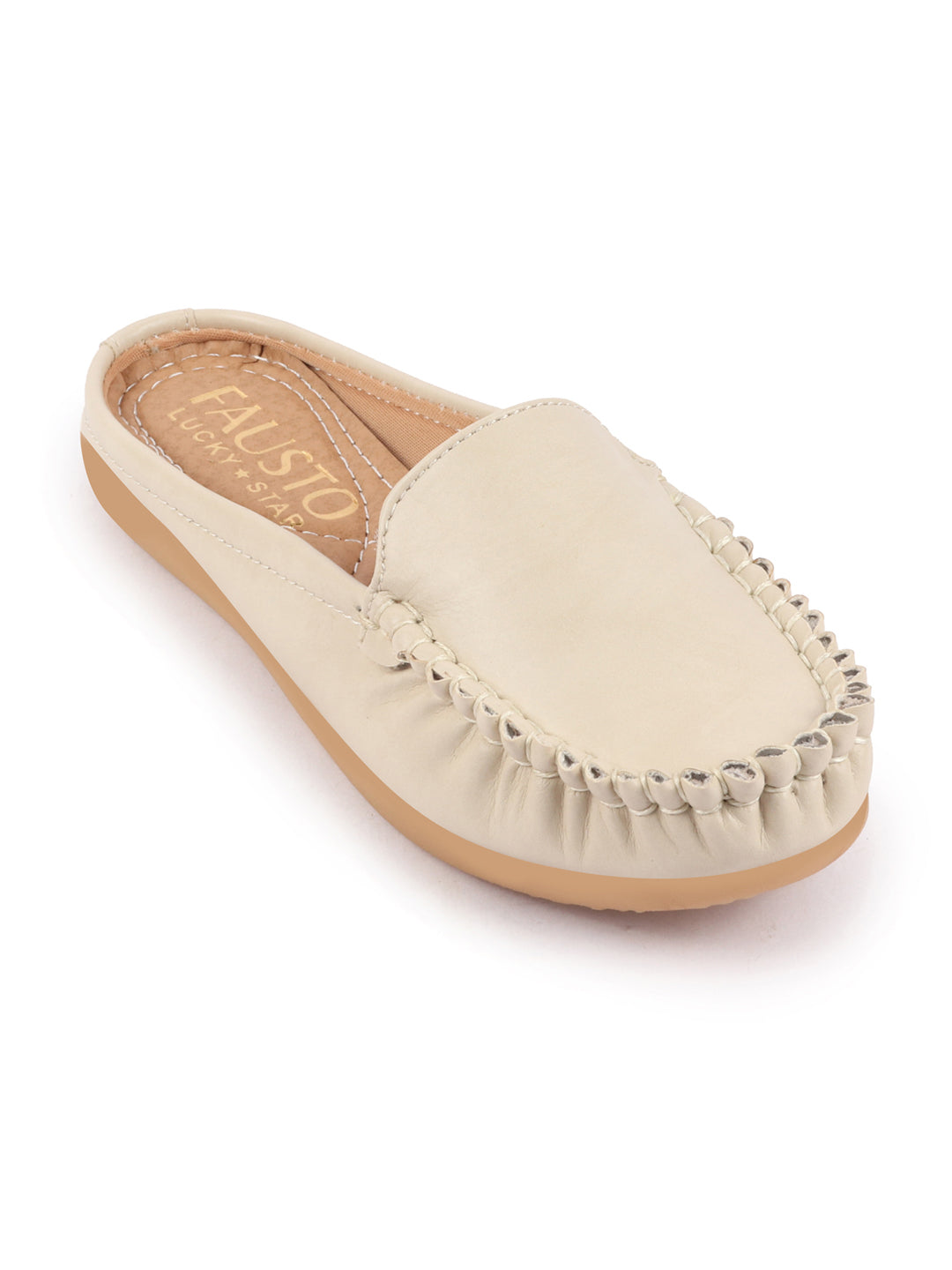 Women Cream Slip On Mules Shoes