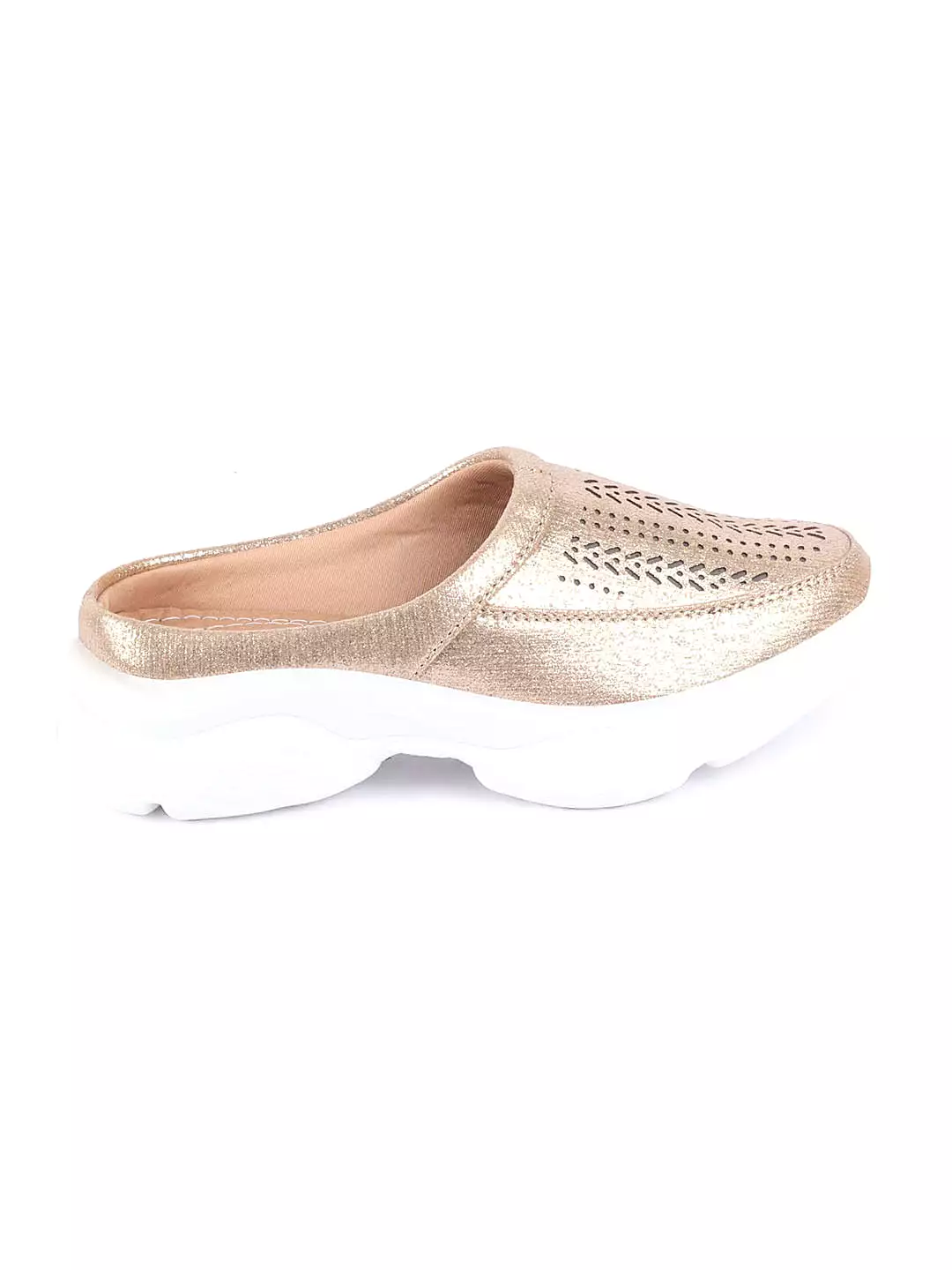 Women Golden Laser Cut Design Stitched Back Open Slip On Mules Shoes + Google SEO keywords: women's golden slip on mules, laser 