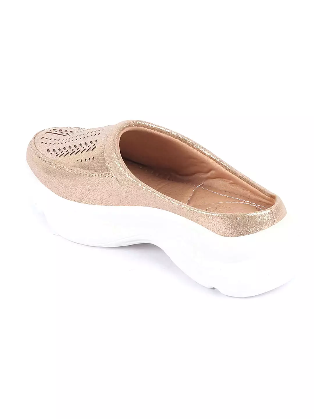 Women Golden Laser Cut Design Stitched Back Open Slip On Mules Shoes + Google SEO keywords: women's golden slip on mules, laser 