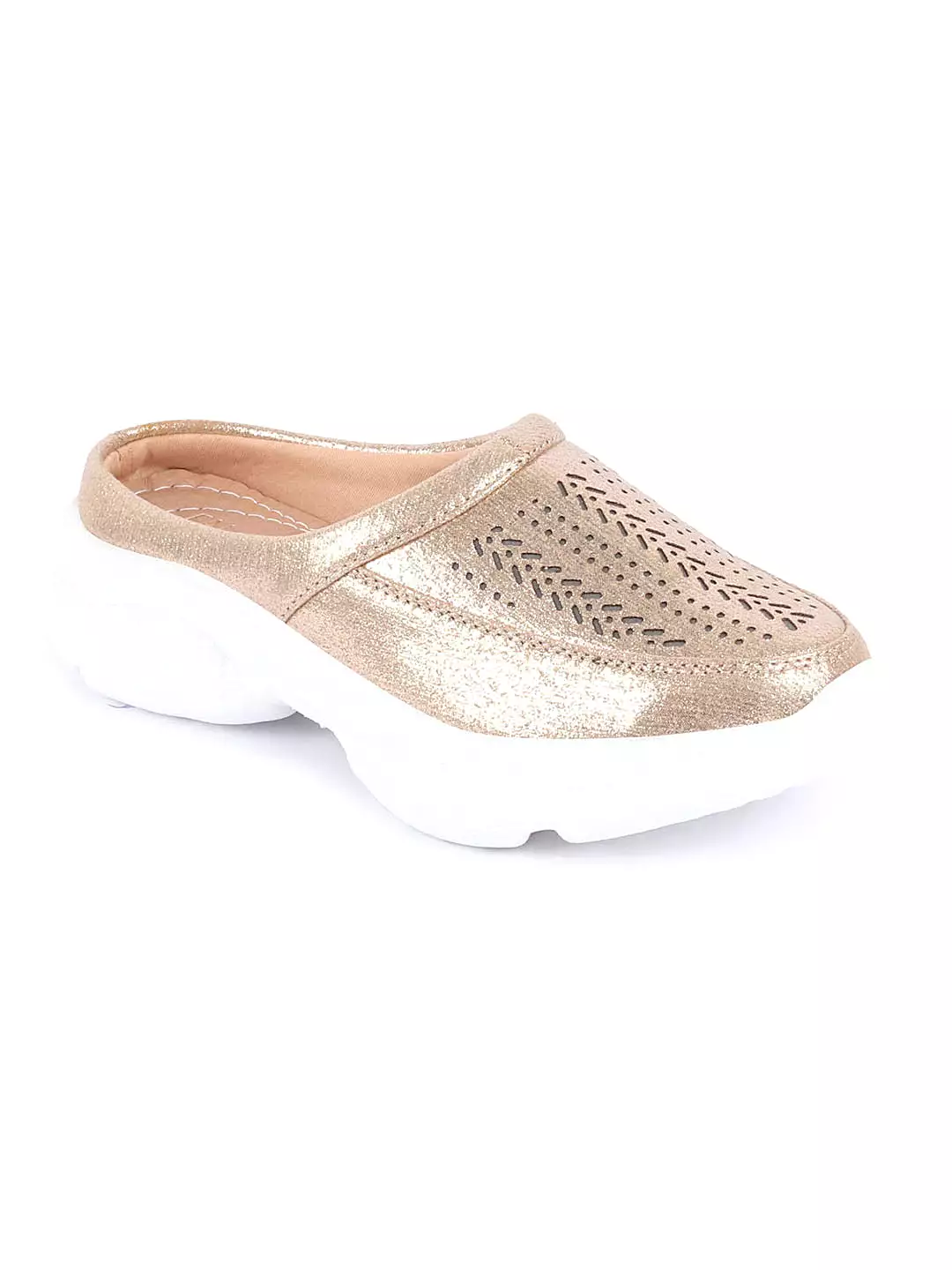 Women Golden Laser Cut Design Stitched Back Open Slip On Mules Shoes + Google SEO keywords: women's golden slip on mules, laser 