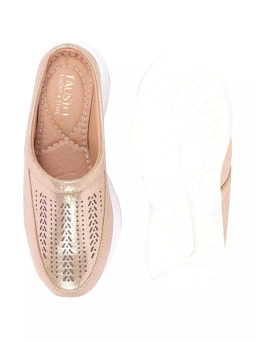 Women Golden Laser Cut Design Stitched Back Open Slip On Mules Shoes + Google SEO keywords: women's golden slip on mules, laser 