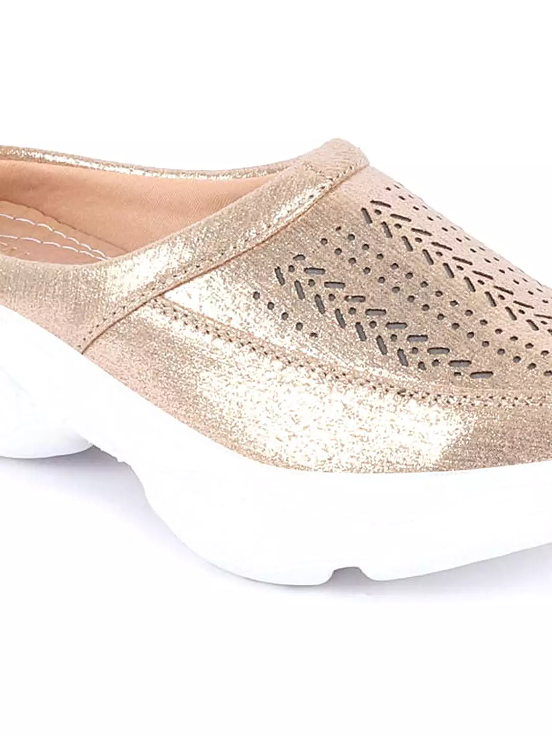 Women Golden Laser Cut Design Stitched Back Open Slip On Mules Shoes + Google SEO keywords: women's golden slip on mules, laser 