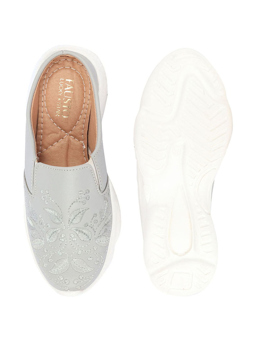 Women Gray Leaf Print Embroidery Backless Slip-On Mules Shoes