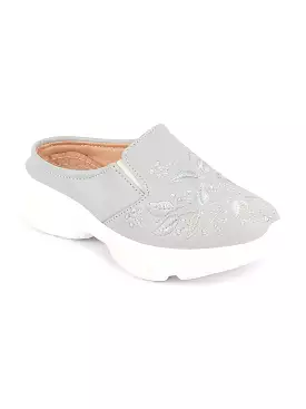 Women Gray Leaf Print Embroidery Backless Slip-On Mules Shoes