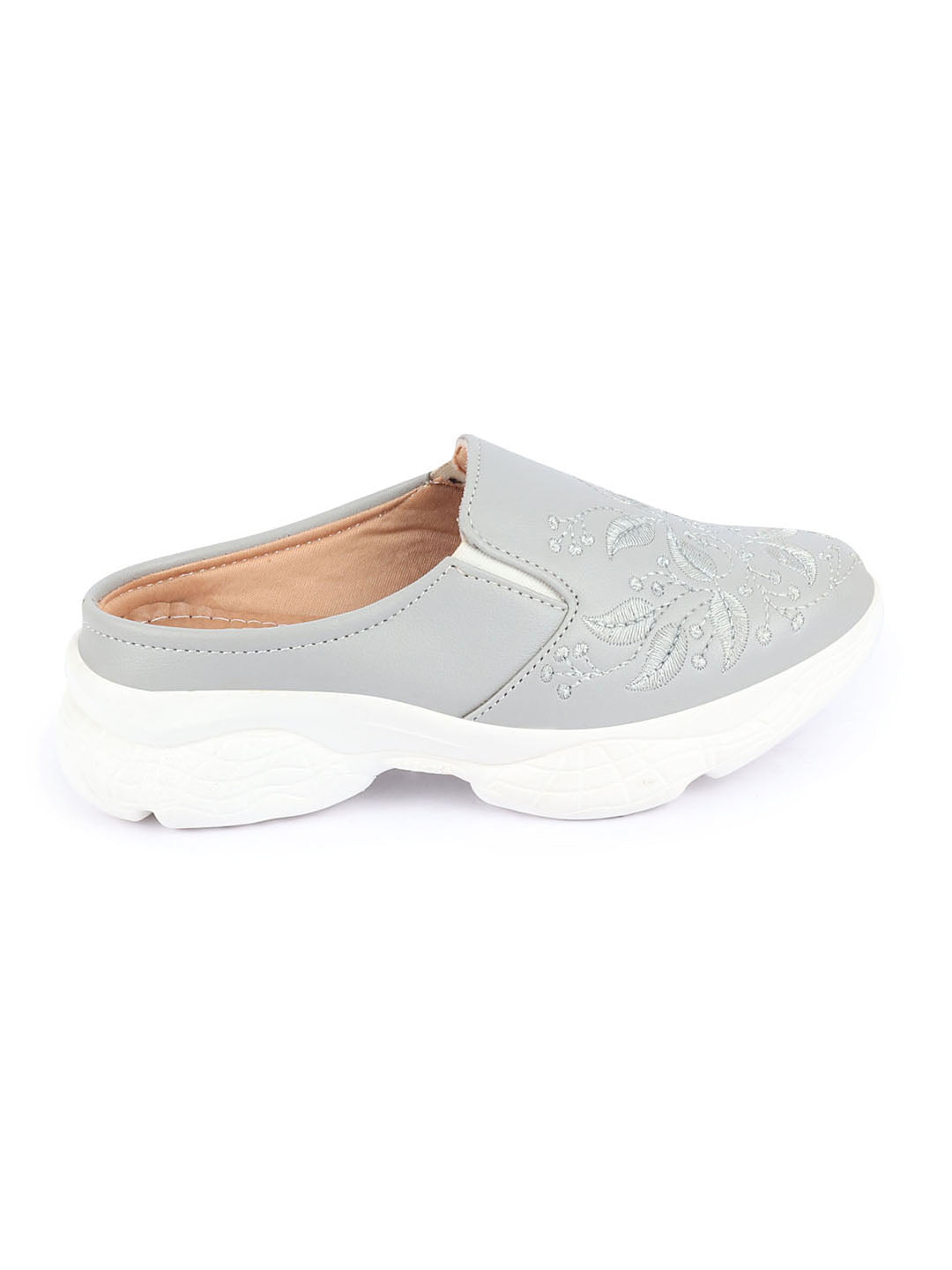 Women Gray Leaf Print Embroidery Backless Slip-On Mules Shoes