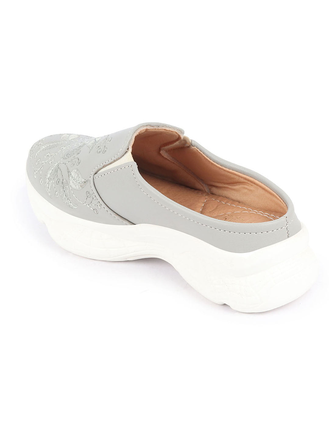 Women Gray Leaf Print Embroidery Backless Slip-On Mules Shoes