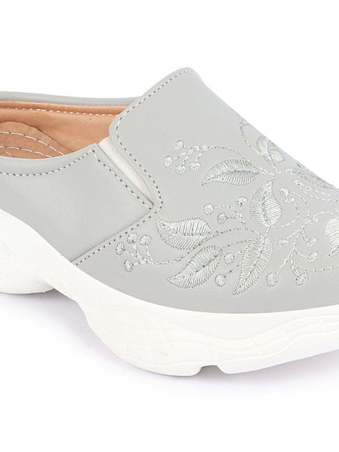 Women Gray Leaf Print Embroidery Backless Slip-On Mules Shoes