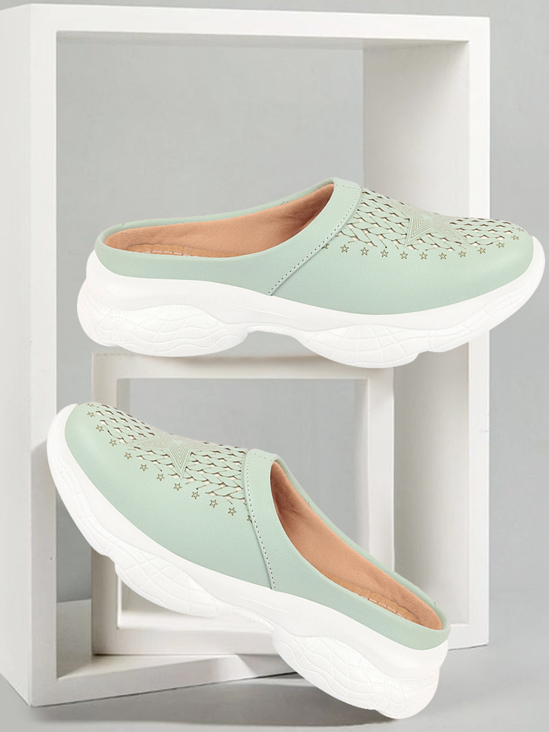 Women Green Laser Cut Slip-On Mules - Stitched Back, Open Design