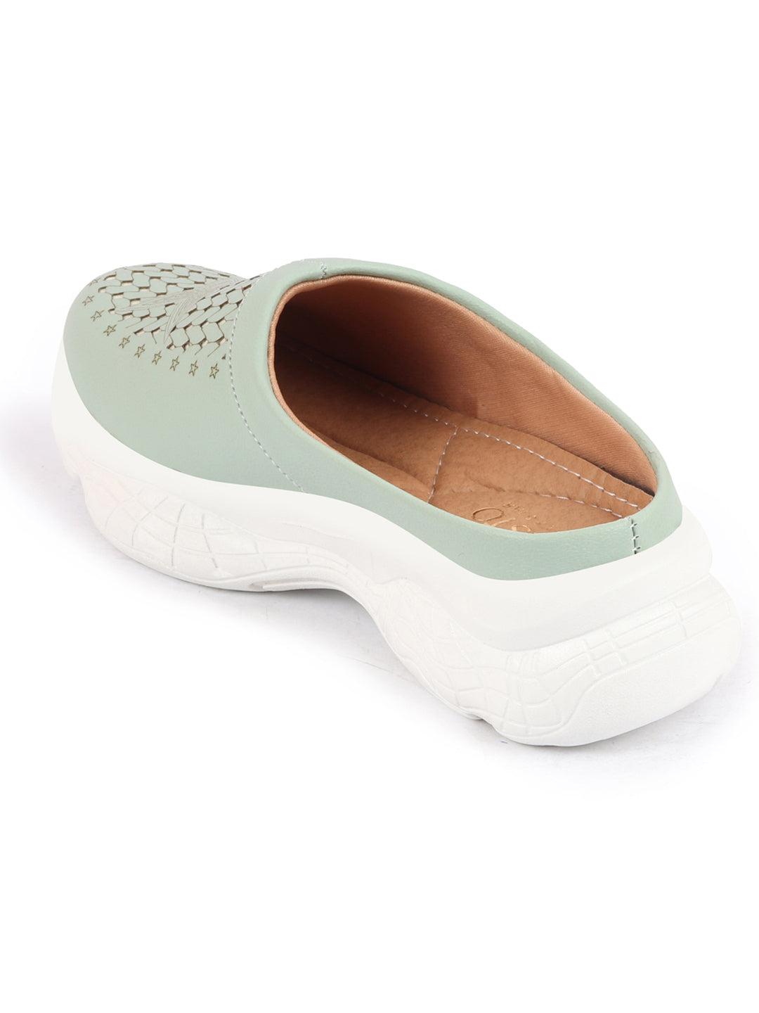 Women Green Laser Cut Slip-On Mules - Stitched Back, Open Design