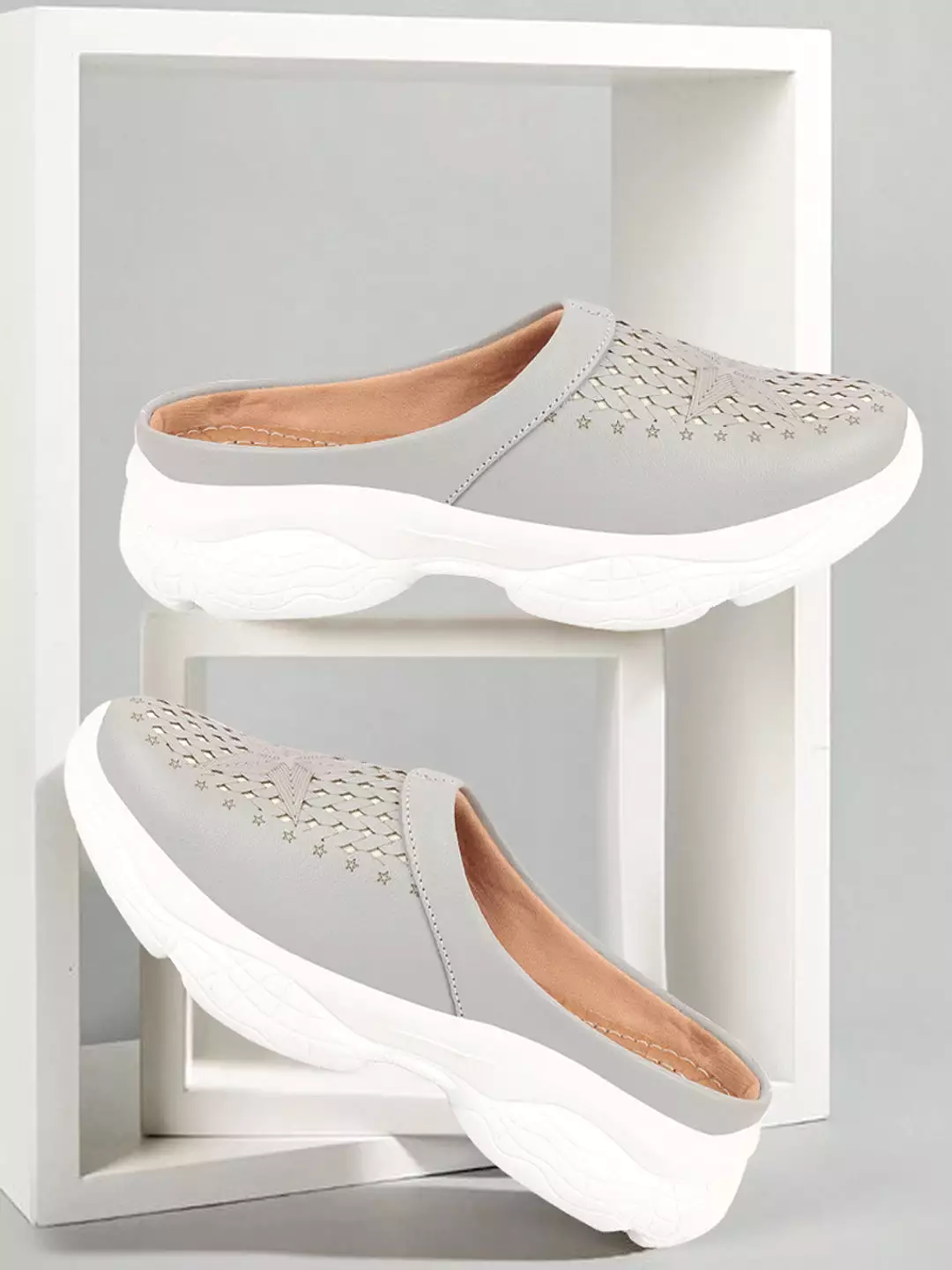 Women Grey Laser Cut Slip-On Mules Shoes with Stitched Back and Open Design