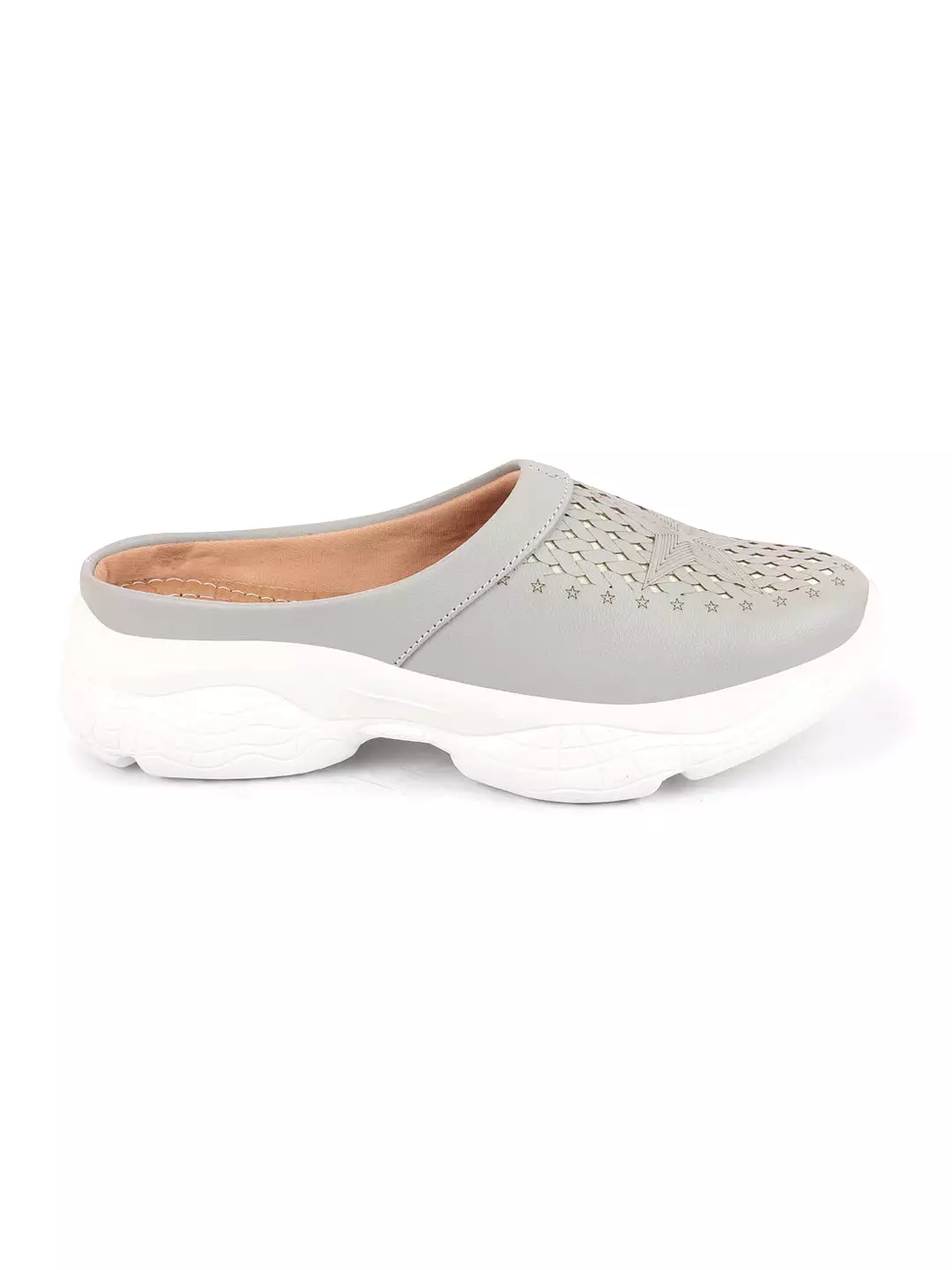 Women Grey Laser Cut Slip-On Mules Shoes with Stitched Back and Open Design