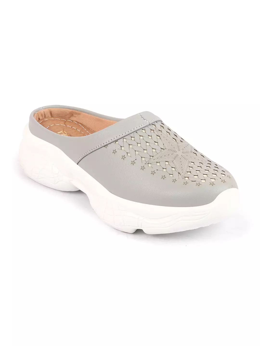 Women Grey Laser Cut Slip-On Mules Shoes with Stitched Back and Open Design