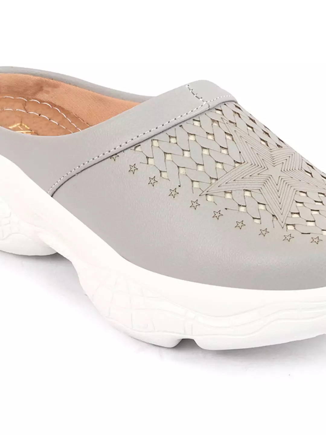 Women Grey Laser Cut Slip-On Mules Shoes with Stitched Back and Open Design