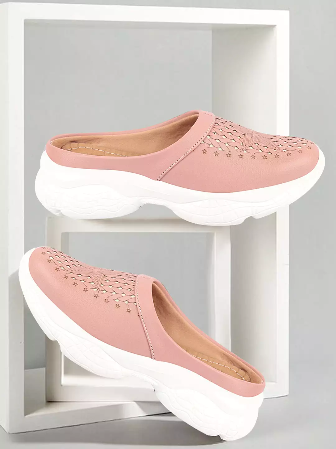 Women Peach Laser Cut Slip-On Mules Shoes