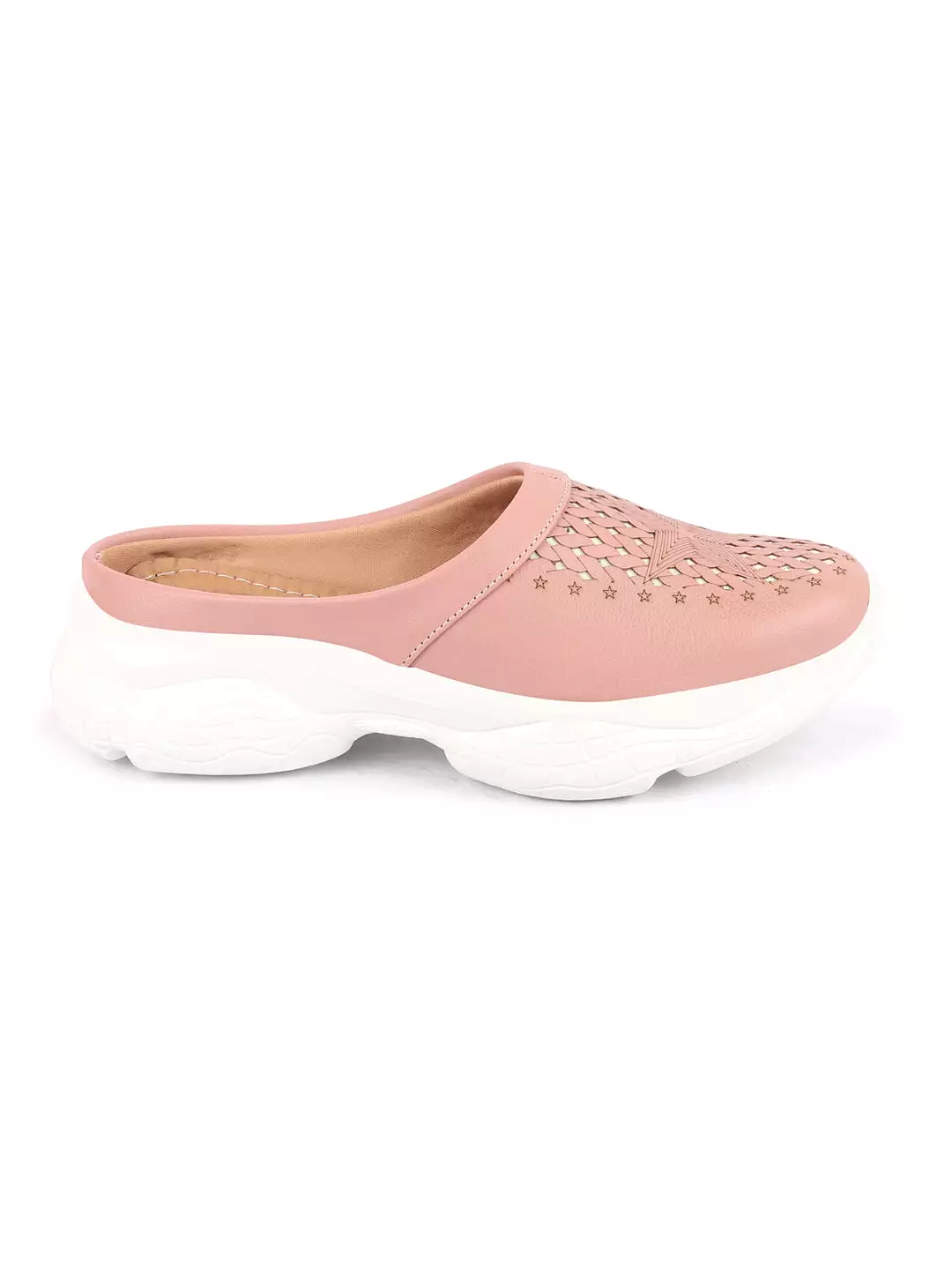 Women Peach Laser Cut Slip-On Mules Shoes