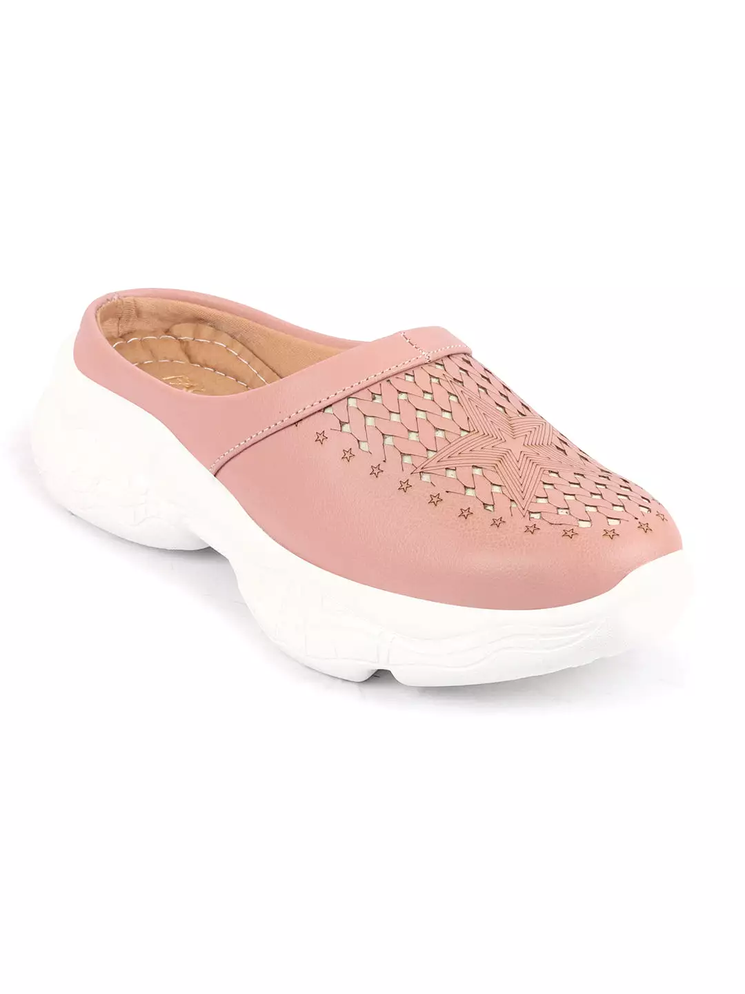 Women Peach Laser Cut Slip-On Mules Shoes