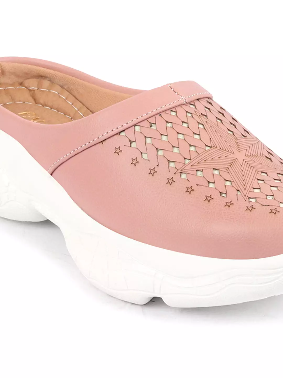 Women Peach Laser Cut Slip-On Mules Shoes