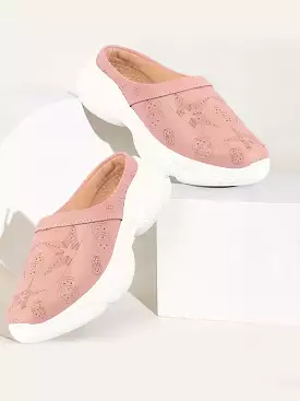 Women Peach Laser Star Design Slip-On Mules Shoes